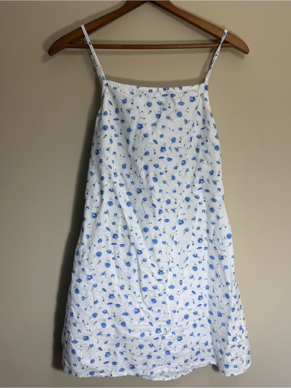 American Eagle Cotton and Linen Blend White Dress with Blue Floral Print